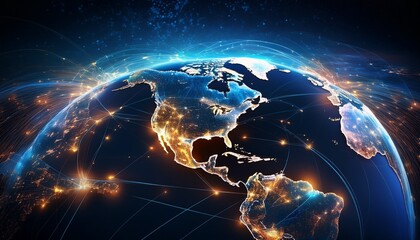 stunning view of earth illuminated at night showcasing continents and city lights connected by glowing lines symbolizing global connectivity and technology