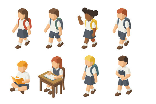 Diverse schoolchildren walking, reading, and studying in isometric style