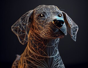 abstract wireframe sculpture of a dog in studio light