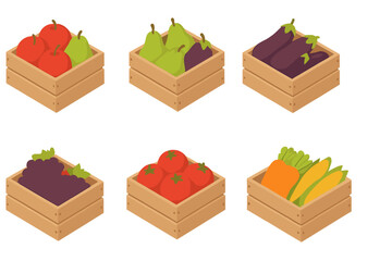 Obraz premium Fresh organic fruits and vegetables in rustic wooden market crates isometric view