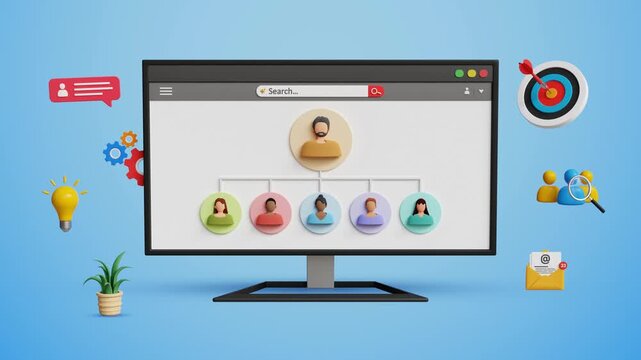 HR Management. Human Resource Planning, Network Administration, IT Management, Enhanced Performance, Recruitment, Training, Workforce., Leadership. Business Expert Managing team on Computer. 3D Video