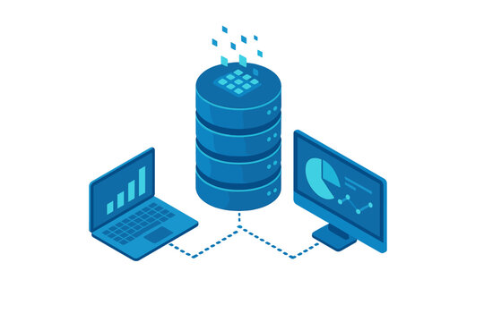 Isometric concept of centralized data storage and analytics displayed on computer devices