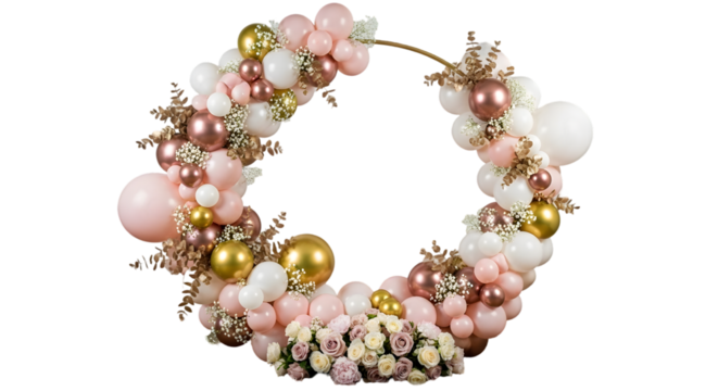 Wedding floral wreath with pink, cream, and gold accents — romantic seasonal centerpiece


