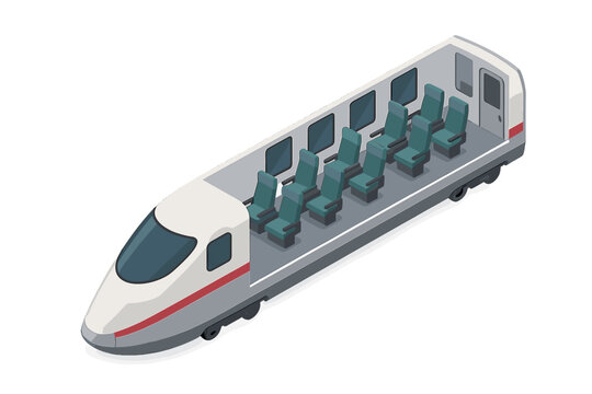 Isometric cutaway view of a high-speed passenger train carriage interior with empty seats