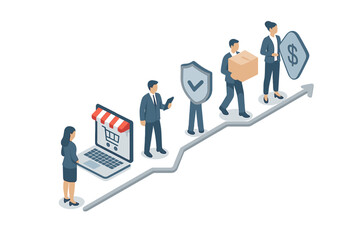 Isometric business process flow showing e-commerce steps leading to financial growth and success
