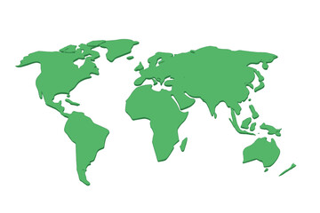 Stylized three dimensional green world map graphic showing all continents