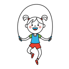 Cartoon girl jumping rope with red shorts and blue shirt.
