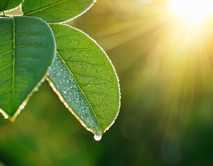 closeup of green leaf covered with morning dew drops sparkling in sunlight