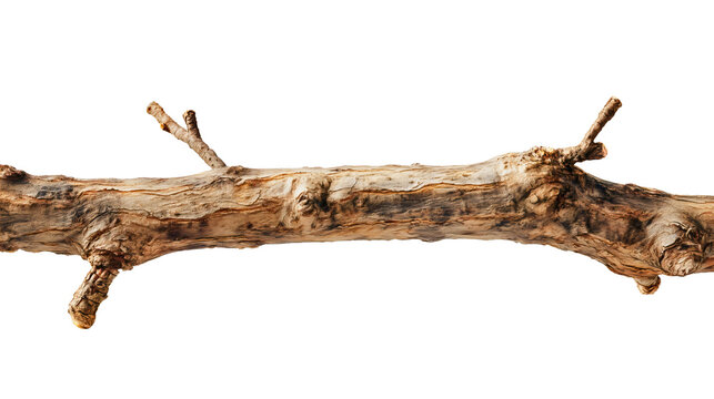 A long tree branch with buds, a natural wooden twig for spring, a brown stick with small shoots, a dry nature object, a detailed plant close-up.
