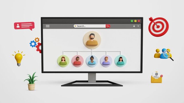 Network Administration, IT Management, Workforce Planning, Talent Development, Leadership, Employee Engagement, Compliance Support, Strategic Human Resources. HR Management on Computer. 3D Video