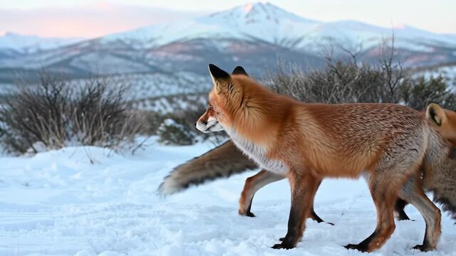 Red fox walking in snowy winter landscape, snow covered mountains in background.