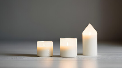 White decorative candles in varying shapes on neutral background  