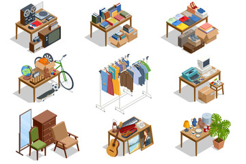 Isometric illustration of various second-hand goods displayed on tables, including electronics, books, clothes, toys, sports gear and furniture for a garage sale scene.