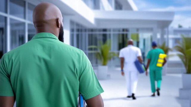 Hospital Perspective: A view from behind, showcasing a healthcare worker entering the hospital building, the essence of medical care, dedication and compassion.