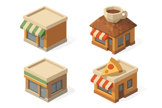 Isometric small business buildings set: coffee shop, pizza restaurant, convenience store