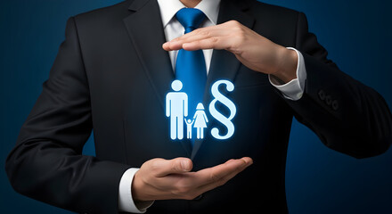 Man in suit protecting family and paragraph symbol representing legal protection and family law highlighting insurance legal services and financial security for families with children
