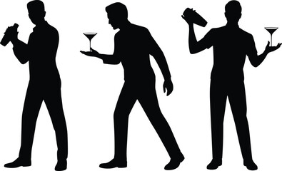 Bartender Silhouettes Vector Set, Featuring Mixologists Shaking and Serving Martinis, Illustrating Cocktail Preparation, Bar Service, and Nightlife Entertainment Graphics.