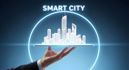 Hand holding a smart city model on a tablet with a glowing circle showcasing futuristic urban planning and technology for sustainable development and innovative architectural design concepts