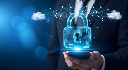 Man holds smartphone displaying a digital padlock representing cybersecurity and data protection with cloud computing and network connections in a modern technology environment