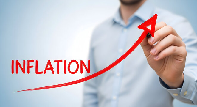 Rising inflation concept with a red arrow drawn by a person in a blue shirt indicating increasing economic pressure and financial challenges in the market impacting investment and consumer spending