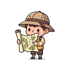 Cartoon boy explorer with pith helmet reading a map, pointing with his finger.