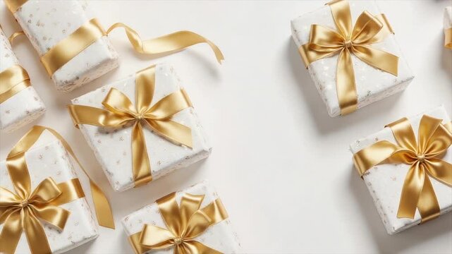 Overhead shot of several wrapped gifts with golden ribbon bows and textured white wrapping