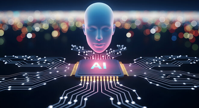Artificial intelligence concept featuring a glowing human face above a circuit board with the letters AI representing technology innovation and the future of computing and machine learning