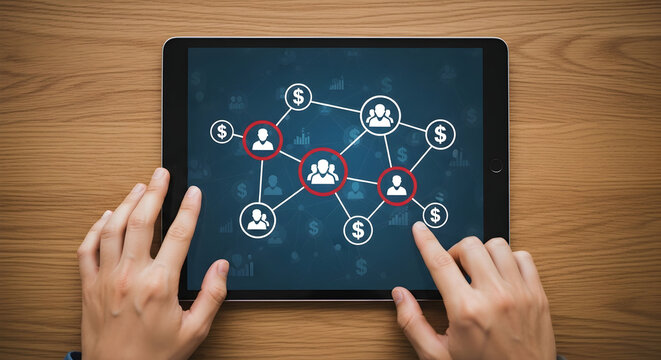 Hands interact with a digital tablet displaying a network diagram with dollar symbols showcasing business connections and financial growth on a wooden table surface for presentations and analysis - Powered by Adobe