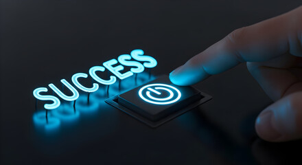 Finger pressing a power button illuminated with blue neon light next to the word success also in neon blue symbolizing achievement and the start of a successful venture on a dark background