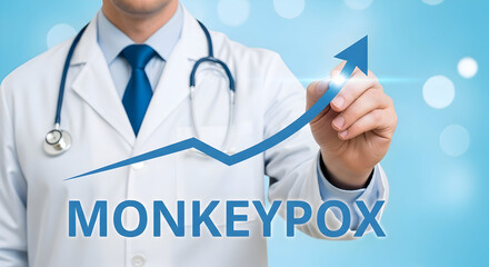 Doctor in lab coat points to a rising graph with the word monkeypox indicating an increase in cases and the need for medical attention and research to combat the spread of the disease effectively