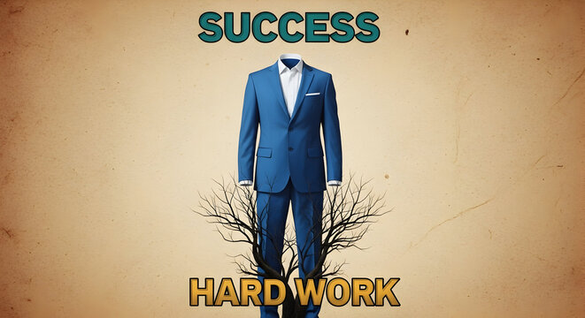 Conceptual artwork showcasing success through hard work with a blue suit and tree roots symbolizing growth and stability on a textured background promoting motivation and achievement in business