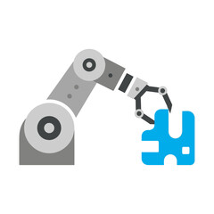 Illustration of a robotic arm holding a blue puzzle piece, symbolizing automation and technology.