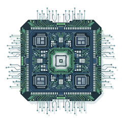 Detailed illustration of a complex computer chip with intricate circuit patterns and connections.