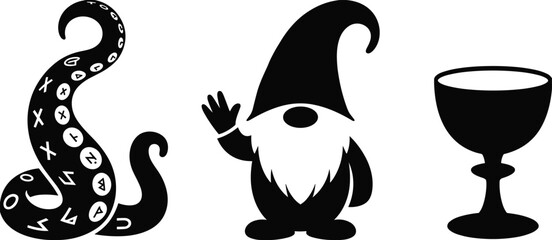 Fantasy Silhouettes Vector Set of Gnome, Octopus Tentacle with Symbols, and Medieval Goblet, Illustrating Mystery, Fairy Tale Characters, and Magic Graphics.