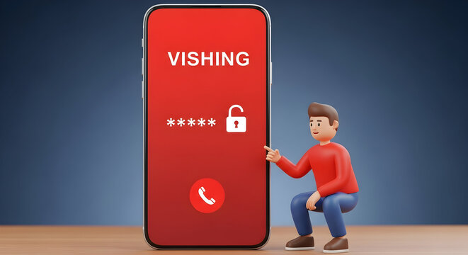 Cartoon man points to a phone displaying vishing with a lock icon and password entry illustrating online security threats and the importance of cybersecurity awareness and digital safety - Powered by Adobe