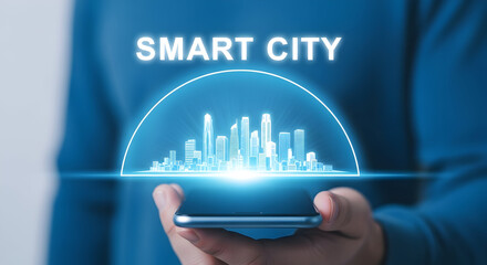 Person holding a smartphone displaying a futuristic smart city hologram with glowing skyscrapers and advanced technology representing innovation and urban development in a digital age