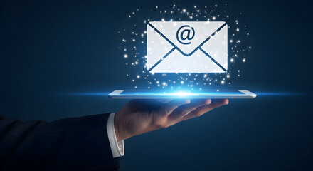 Hand holding a tablet displaying an email icon with glowing particles representing digital communication online messaging and modern technology for business and personal use with a dark blue backgroun