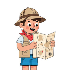 Cartoon boy scout explorer with pith helmet reading a treasure map.