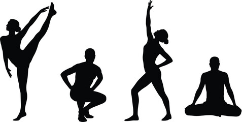 Fitness, Dance, and Yoga Pose Silhouettes Vector Set, Featuring People in Stretching, Ballet, Squat, and Meditation Positions for Health and Wellness Graphics.