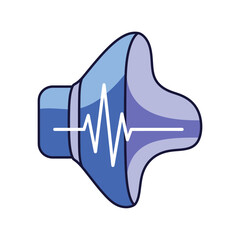 Blue speaker icon with sound wave illustration on white background.
