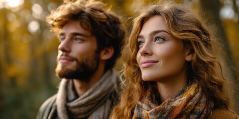 A young man and woman of European appearance standing together, wearing warm autumn clothes.