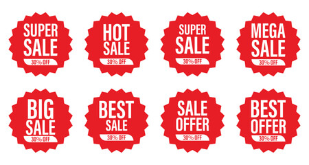 Sale banner 30% off with different sale percentage. Round price seal. Best promotion tag. Store marketing symbols. Discount emblems. Vector shopping banners design set