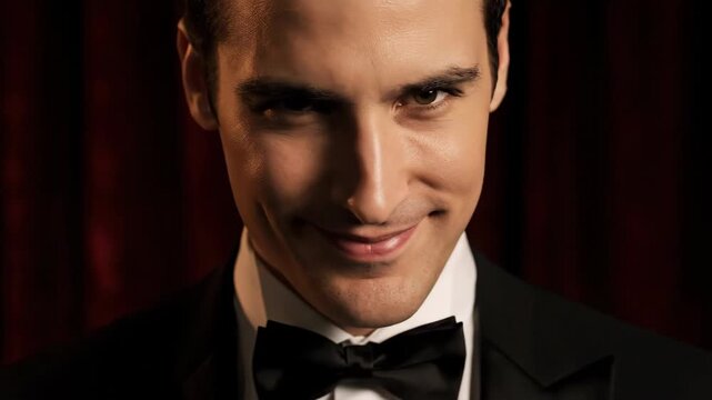 Smiling man in tuxedo and bow tie with confident, classic, elegant style.