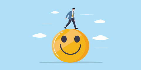 Businessman walking on a giant smiley face