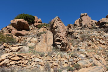 Fototapeta premium Beautiful mountain landscapes; rocky mountains; valleys; desert flora; blue skies;