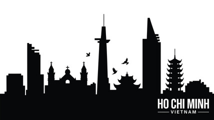 Ho chi minh city skyline silhouette with iconic buildings and pagoda