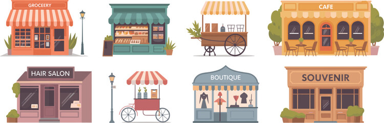 Local Business Facades and Storefronts Vector Set, Featuring Grocery, Cafe, Hair Salon, and Mobile Food Kiosks in a Colorful, Flat Cartoon Style. © Sihab Creatives