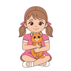 Cartoon girl sitting cross-legged holding an orange cat in her arms.