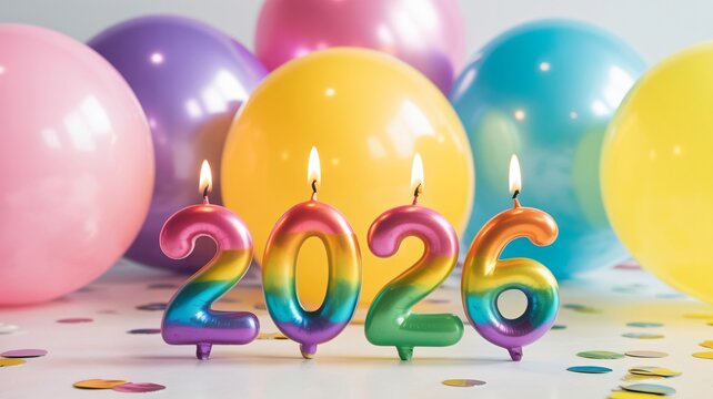 Celebrate 2026 with vibrant rainbow candles and colorful balloons