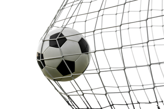 soccer ball hitting goal net, football ball in net isolated on white